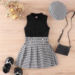 Clothing Sets Kids Girl Summer Outfits Solid Colour Rib Knit Crew Neck Tank Tops Houndstooth Pleated Skirts Beret Cap 3Pcs Clothes Set