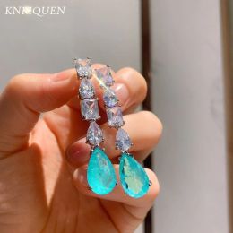 Charm 2021 Trend Vintage Paraiba Tourmaline Emerald Lab Diamonds Drop Long Earrings for Women Elegant Gemstone Party Fine Jewellery Gift