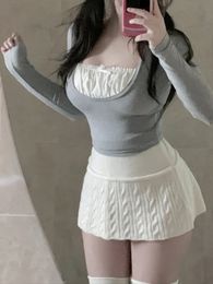 Knitted 2 Piece Dress Set Casual Short Sweater Tops Solid Party Mini Skirt Slim Bodycon Clothing Korean Fashion Suit Autumn 240202