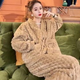 Women's Sleepwear Pocket Women Pajamas Set Winter Fleece Velvet 2 Piece Pant Home Suit Sleep Fluffy Korean Solid Warm Night Wear