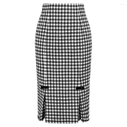 Skirts BP Women's Vintage Plaid Skirt High Waist Knee Length Bodycon Office Stretch Pencil Bow