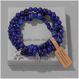 Beaded Strand 3Pcs Colorf Irregar Chip Stone Bracelet Set Men Women Handmade Lapis Lazi Beads Pendant Bracelets Couple Wealth Jewellery Dhhio