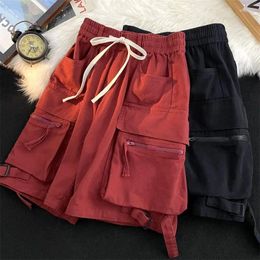 Women's Shorts Summer High Street Loose Wide Leg Red Elastic Waist Solid Pockets Patchwork Men Women Casual Trend Clothing