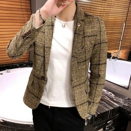 Men Checked Suit Jacket Spring Linen Slim Fashion Onebutton Business Casual Large M5XL 240124