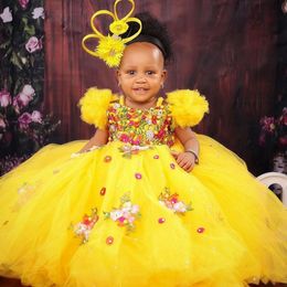Yellow Flower Girl Dresses Spaghetti Straps Short Sleeves Tiered Tulle Ball Gowns Flowergirl Dress Princess Queen Birthday Party Dress Gowns for Little Kids NF060