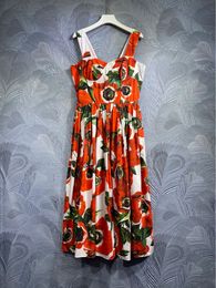 Runway Fashion Summer 100% Cotton Dress Women Sicilian Spaghetti Strap Red Flower Print High Quality Elegant Poplin
