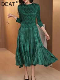 Casual Dresses DEAT 2024 Spring Women's Dress Folds Fashion Design Aline Loose Long Sleeve Full Female Elegant Pleated Cloth 15G1468
