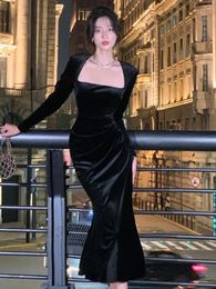 Casual Dresses Autumn Women Elegant Long Black Velvet Dress Sexy Prom Evening Party Birthday Club Fashion One Piece Clothing