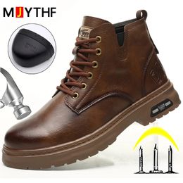 Waterproof Leather Boots Safety Shoes Men Steel Toe Boots Side Zipper Work Shoes Puncture-Proof Indestructible Shoes Protective 240130
