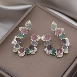 Stud Earrings Korea Fashion Jewelry 14K Gold Plating Luxury Zircon Color Crystal Letter U Earring Women's Evening Party Accessories