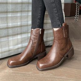 Boots Autumn/Winter Split Leather Women Square Toe Chunky Heel For Fashion Short Zapatos De Mujer
