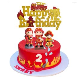 Party Supplies Glitter Fire Truck Happy Birthday Cake Topper Mini Fireman Figures Decorations Firefighter Themed