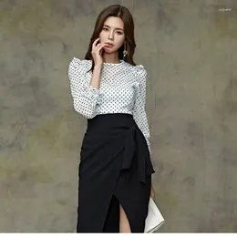 Work Dresses S-XL Plus Size Korean Fashion Streetwear Two Piece Set For Women Print Polka Dot Blouse And Ruffle Slim Wrap Skirt Ladies Suit