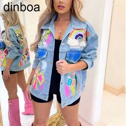 Women's Jackets Dinboa-2024 Oversize Women High Street Fashion Design Rainbow Color Sequins Graffiti Jean Jacket Denim Outfit Shacket