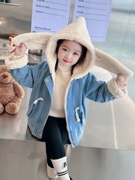 Winter Girls Denim Velvet Jacket Full Sleeve Cartoon Rabbit Ear Windbreaker For Kids 18 Years Children Outerwear XMP47 240122