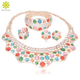 Charm Fashion Wedding Bridal Crystal Jewelry Sets African Beads Dubai Gold Color Necklace Earrings Set Statement Jewellery Costume