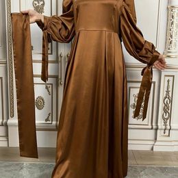 Ethnic Clothing Simple Solid Abayas For Women Satin Muslim Long Sleeve Dress Elegant O-Neck Casual Loose Robe Femme Turkey Abaya Vestidos