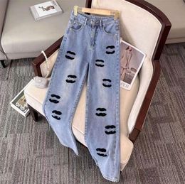 Calças de grife das mulheres jeans cc bordado calças jeans fino ajuste jeans moda casual perna reta jean calças