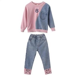 Spring Autumn Baby Girls Casual Clothes Teenager Girl Patchwork Cotton Long Sleeve Sweatshirt Jeans 2Pcs Tracksuit Baby Outfit 240131