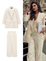 ZBZA Autumn And Winter Womens Fashion Beige Suit Elegant WideLegged HighWaisted Pants Office TwoPiece 240127