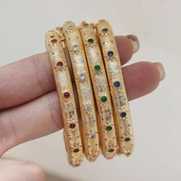 14 18k Real Gold Plated Metal Emerald Ruby Sapphire CZ Zircon Cuff Bangle Women Gift Luxury Designer Italy Egypt Vintage Jewelry 240130