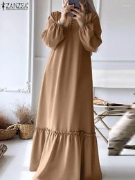 Ethnic Clothing ZANZEA Fashion Ruffles Hem Muslim Dress Woman Long Sleeve Solid Colour Maxi Robe Elegant Turkey Hijab Dresses Islamic