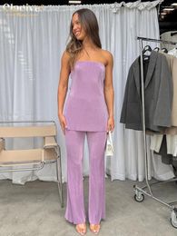 Women's Tracksuits Clacive Fashion Purple Pleated Women Two Piece Outfits 2024 Sexy Strapless Sleeveless Tank Top With High Waist Pants Set