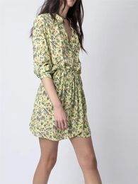 Casual Dresses Women's Viscose Yellow Mini Dress Elastic Waist Slim Ladies Sweet Floral Print Pleated V-Neck Short Robes