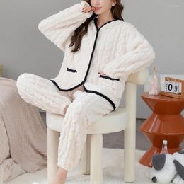 Women's Sleepwear Women Pajama Set Cozy Winter Pajamas For Plush Color Matching V Neck Coat Elastic Waist Loose Pants Weather