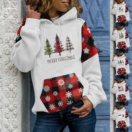 Women's Hoodies Casual Christmas Print Color Block Hooded Long Sleeve Sweatshirt For Autumn And Winter Trendy