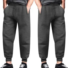 Men's Pants Men Casual Trousers Waffle Texture Drawstring Sweatpants With Elastic Waist Pockets For Spring Fall Soft Warm Long