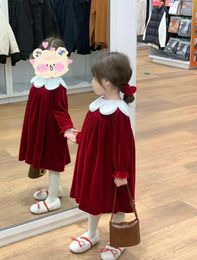 Girl Dresses Dress Clothing 2024 Autumn Winter Korean Style Petal Collar Wine Red Gold Velvet Retro Princess