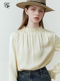 Women's Blouses FSLE Elegant Wood Ear Stand Collar Long-sleeved Shirt For Women Spring Autumn French Style Temperament Drape Female