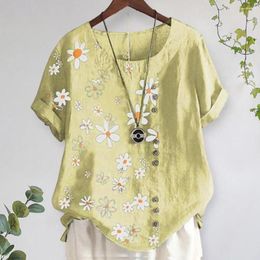 Women's Blouses Women Summer T-shirt Flower Print Short Sleeves Button Decor Lady Top Mid Length O Neck Pullover Loose Blouse Clothing