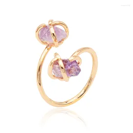 Cluster Rings Irregular Amethyst Open Ring For Women Girls Gold-color Claw Setting Raw Stone Finger Jewelry Resizable