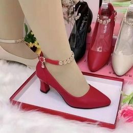 Dress Shoes One Line Buckle Water Diamond Soft Sole Thick Heels Mom Pointed High Anti Slip Comfortable Women's Bride