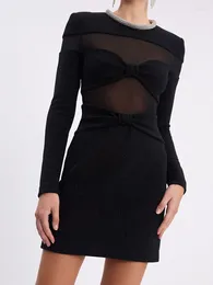 Casual Dresses Women Celebrity Sexy Long Sleeve Mesh Bow Tie Diamonds Black Mini Bodycon Bandage Dress 2024 Elegant Evening Club Party