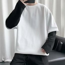 Men Tshirt Fake Two Piece Round Neck Bottoming Long Sleeve Contrast Colour Pullover Spring Loose Patchwork Bottoming Shirt 240119