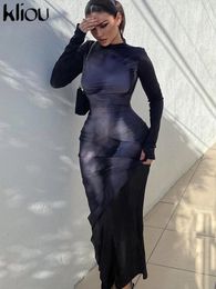 Casual Dresses Kliou 3D Body Print Maxi Dress Women Y2K Aesthetic Full Sleeve Unique Body-Shaping Attirewear Robe Stunning Lady Party