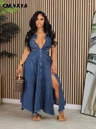 Casual Dresses CM.YAYA Women Sleeveless Single Breasted Turn-down Collar High Side Split Swing Maxi Long Denim Dress 2024 Jean Vestidos