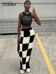 Skirts Nibber Knit Elegant Black White Checkerboard Skirt Women Casual High Waist Skinny Panelled Lady Bottoms Female Streetwear