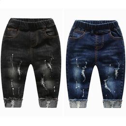 0-5T Baby Jeans Boys Stretchy Denim Trousers Toddler Clothing Girls Pants Little Kids Clothes Blue Black Ripped Holes 240123