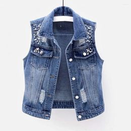 Women's Vests Ladies Vest Vintage Denim With Bead Decor Single-breasted Design For Hop Streetwear Solid Colour Waistcoat Fall