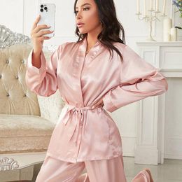 Women's Sleepwear Spring Autumn 3PCS Pyjamas Set Female Sexy Silk Satin Nightwear Trouser Suits Loose Casual Pink Home Wear Loungewear