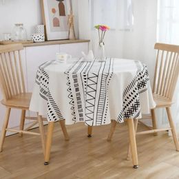 Table Cloth 2024 Black White Print Cotton Linen Dining Cover Bohemian Geometric Round Tablecloth 150cm For ZC069