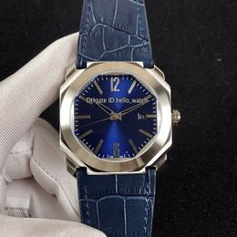 Cheap New 41mm Octo Steel Case Date 102429 BGO38C3SLD Blue Dial Automatic Mens Watch Blue Leather Strap High Quality Watches Hello256y