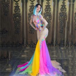 Stage Wear Sexy Colorful Mesh Tail Dress Big Stretch One-Piece Long Dresses Singer Evening Performance Show Dancewear Suit DT550