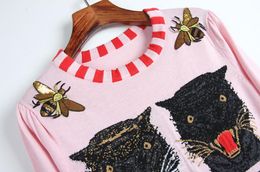 Fashion Pink Long Sleeves Women039s Sweaters Tiger Print Bee Embroidery Sequins Pullovers Women blusas de inverno feminina DH01775811