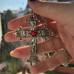 Pendant Necklaces Y2K Vintage Baroque Christian Cross Necklace For Women Men Silver Colour With Red Crystals Gothic Crucifix Easter Unisex