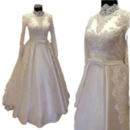 Elegant Satin Wedding Dress Sexy High Neck Long Sleeves 2024 Lace Appliques Beaded Pageant Bridal Gowns Arabic Custom Made Robe De Mariage Vestido Novia 403